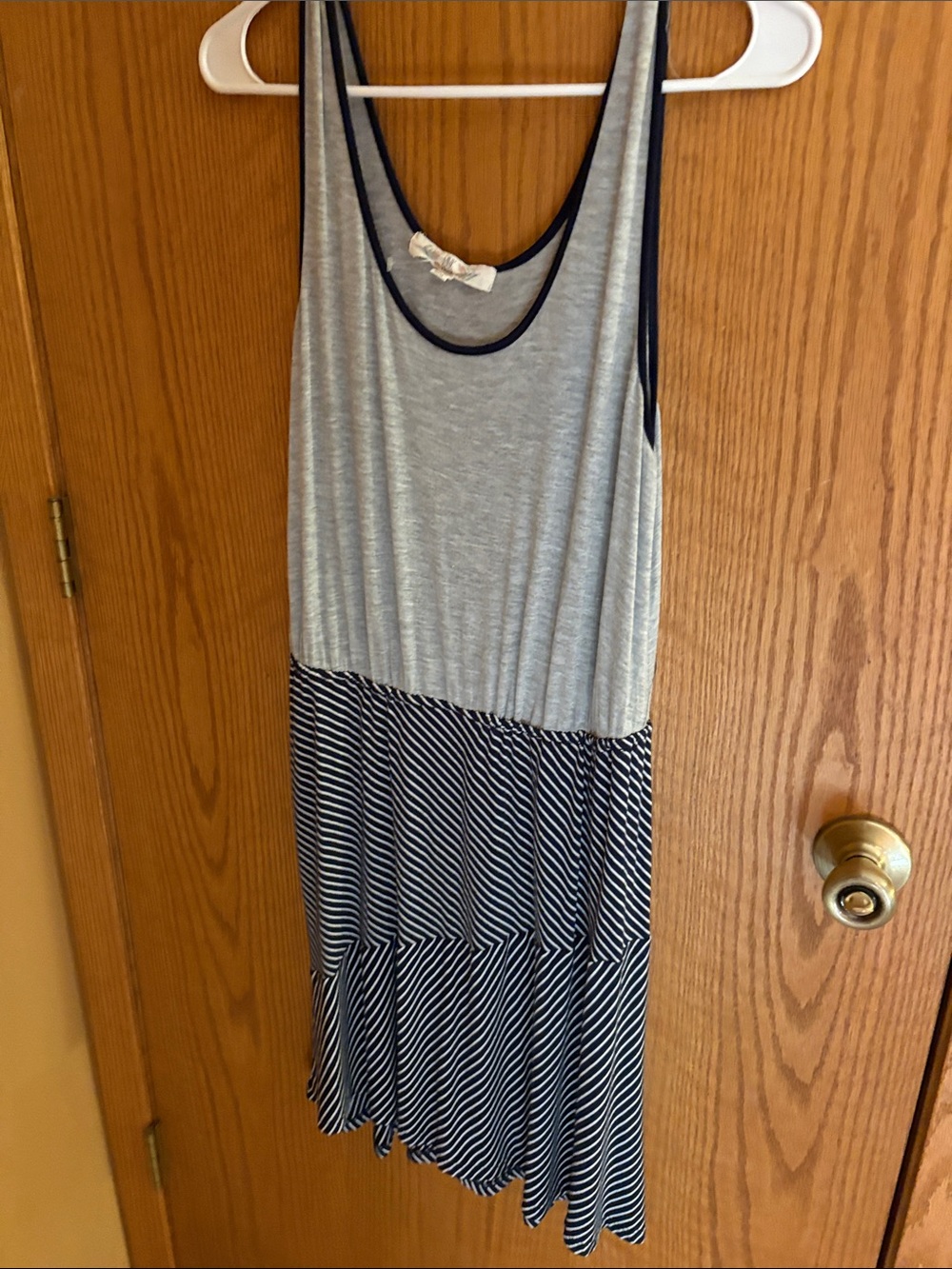 Pink rose Gray Tank dress with Navy Trim